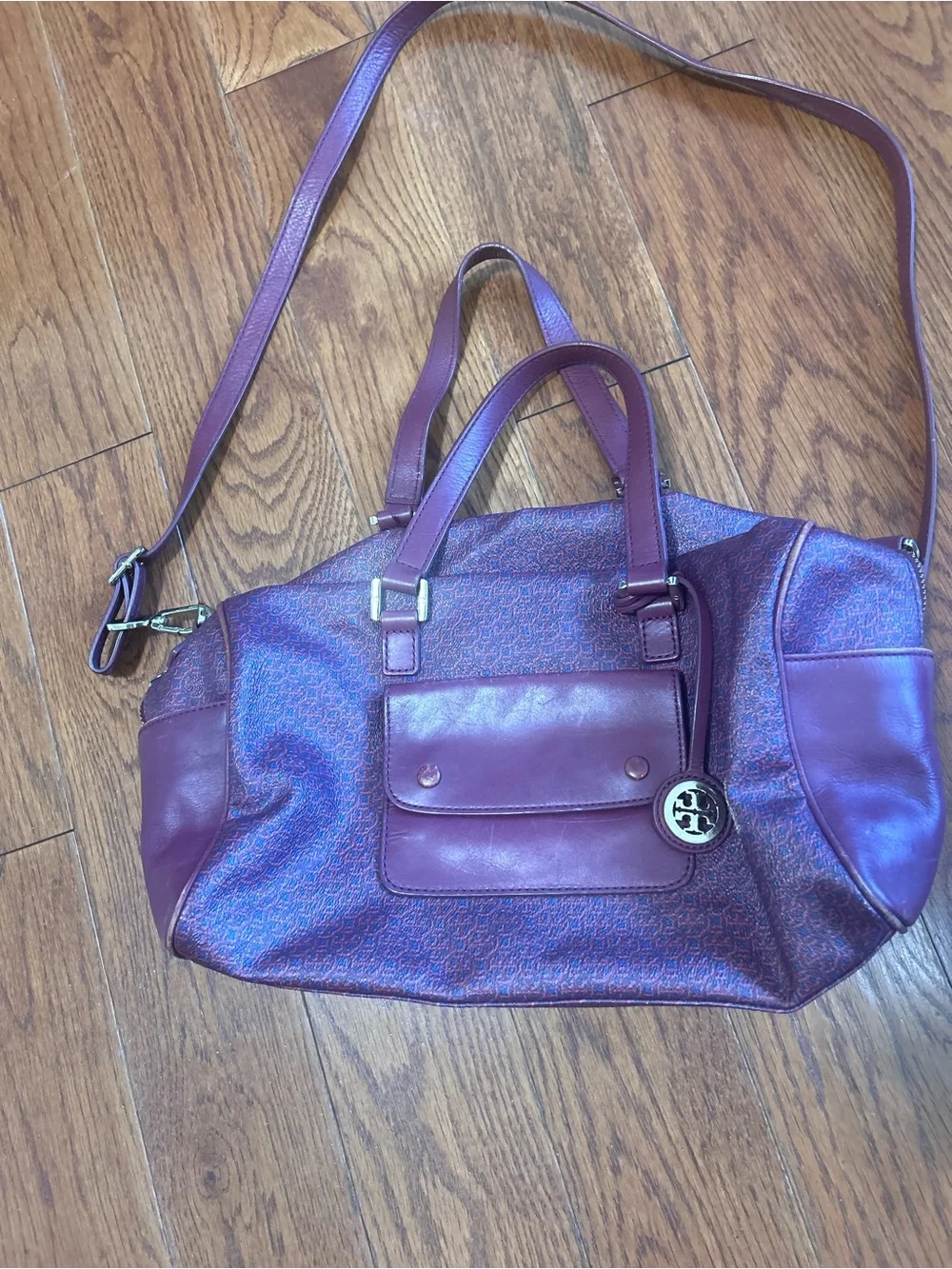 Tory Burch Vintage Plum Leather Convertible Satchel with Crossbody Strap